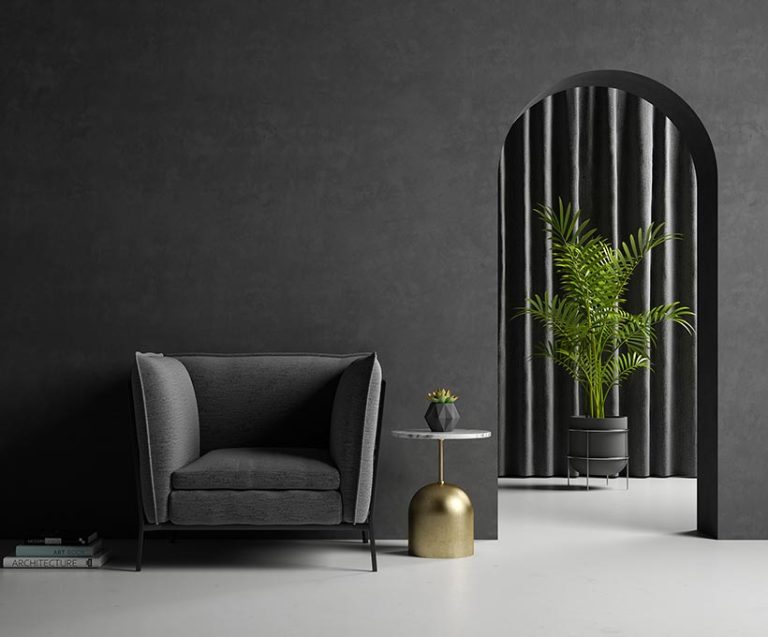 灰色方型沙發旁有一拱門