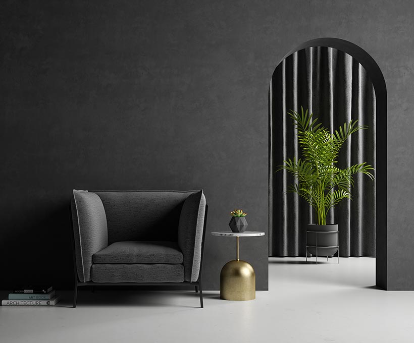 灰色方型沙發旁有一拱門