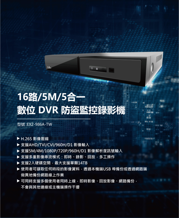 16路監視主機 EX2DVR EX2-986-TW正面簡易功能描述
